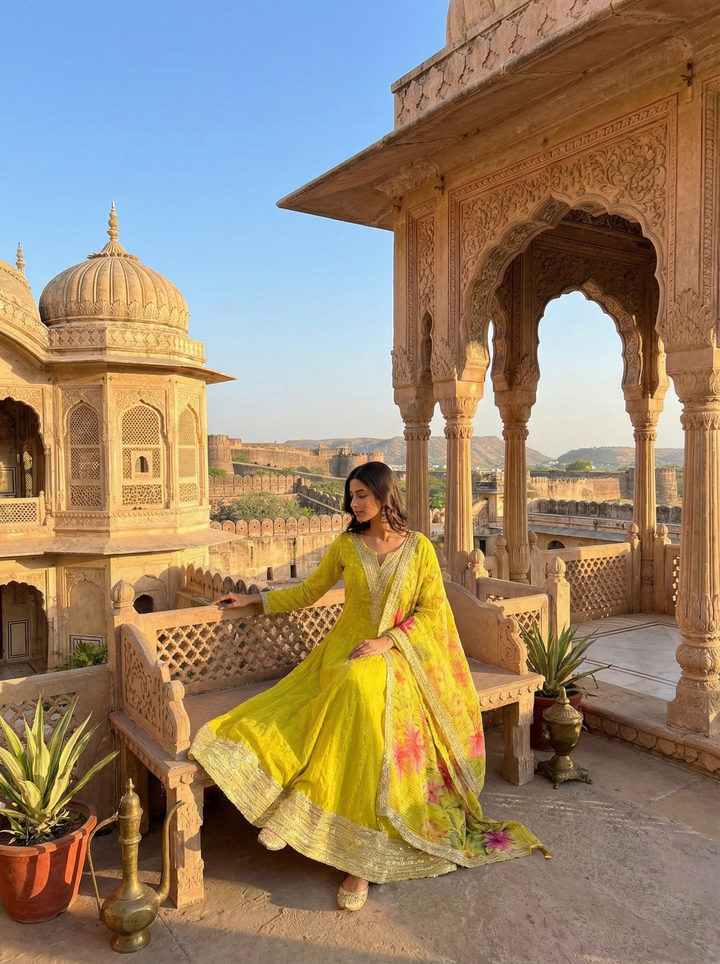 Variyali Green Tissue Fabric Anarkali Set