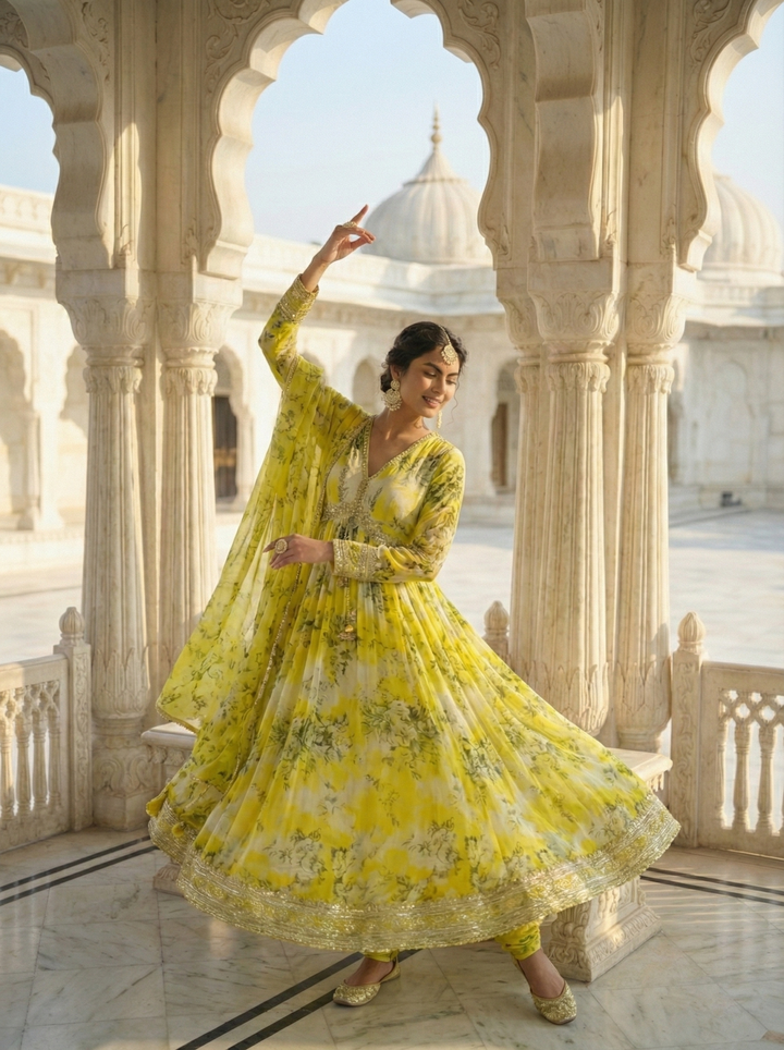 Variyali Green Crepe Floral Anarkali Set