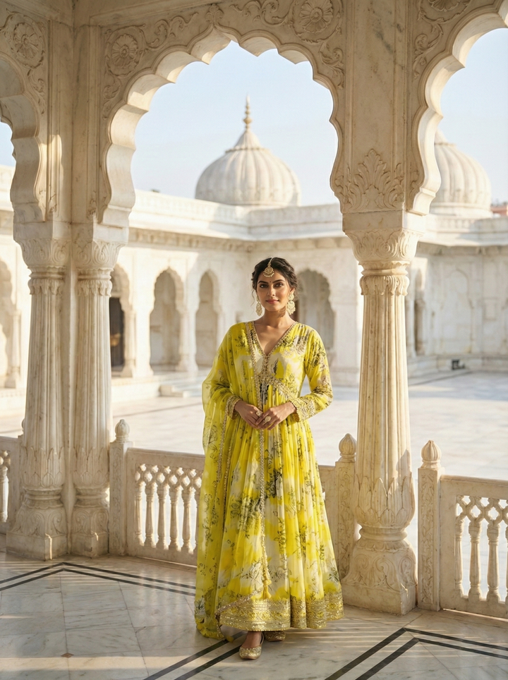 Variyali Green Crepe Floral Anarkali Set