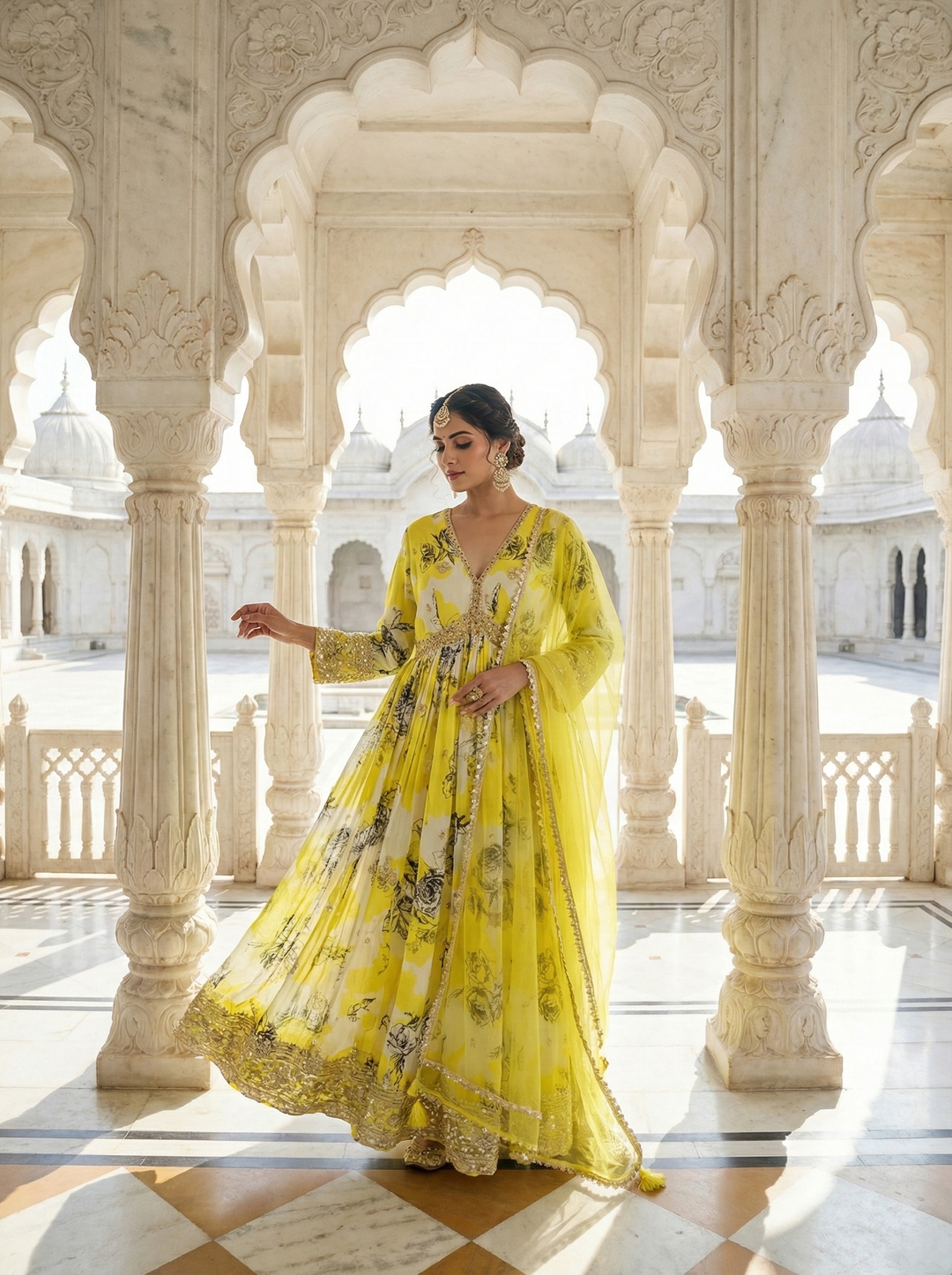 Neerus Green Floral Printed Crepe Anarkali Suit Set