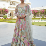 Pista Green Crepe Floral Heavy Stone Work Anarkali Set