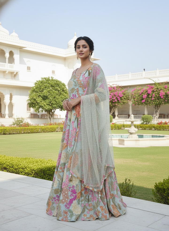Pista Green Crepe Floral Heavy Stone Work Anarkali Set