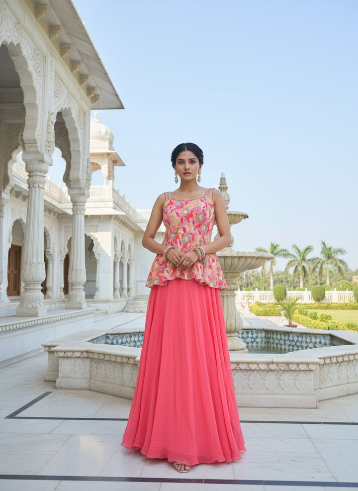 Onion Pink Georgette Embroidered Peplum Skirt Set