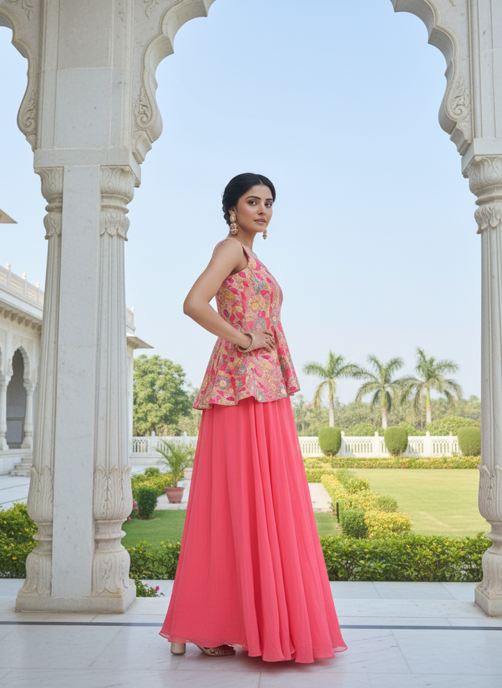 Onion Pink Georgette Embroidered Peplum Skirt Set