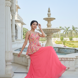 Onion Pink Georgette Embroidered Peplum Skirt Set