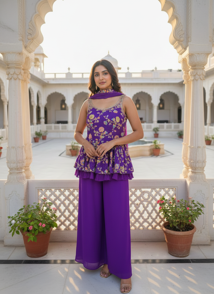 Purple Georgette Embroidery Kurti And Palazoo Set