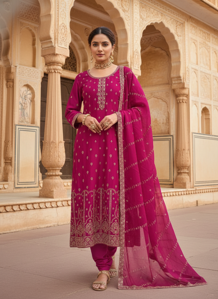 Magenta Silk Embroidery Anarkali Set
