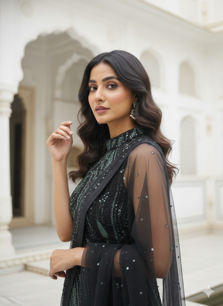 Black Net Heavy Sequins Kurta And Palazzo Set