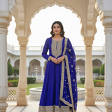 Royal Blue Silk Heavy Zari Embroidery Anarkali Set