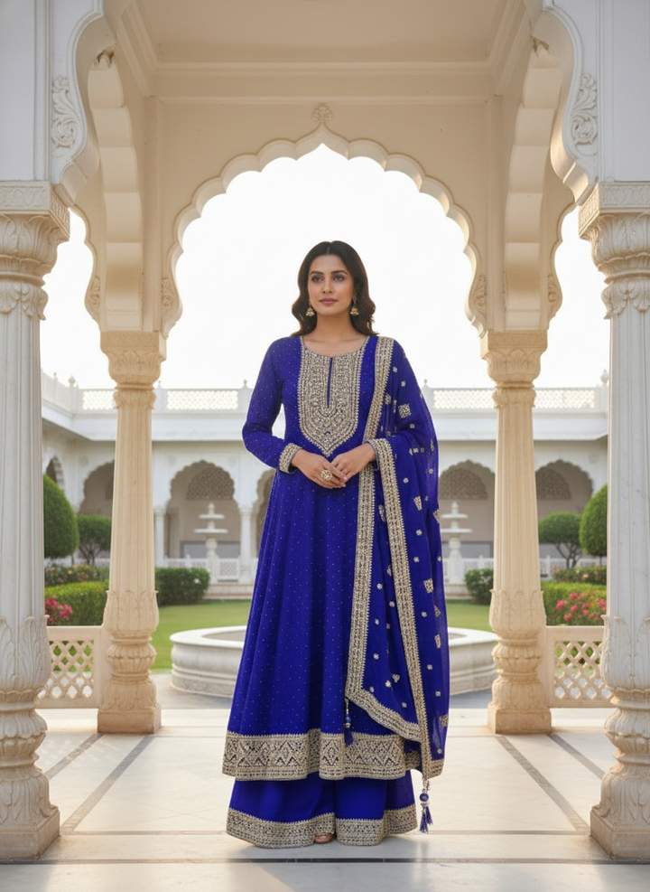 Royal Blue Silk Heavy Zari Embroidery Anarkali Set