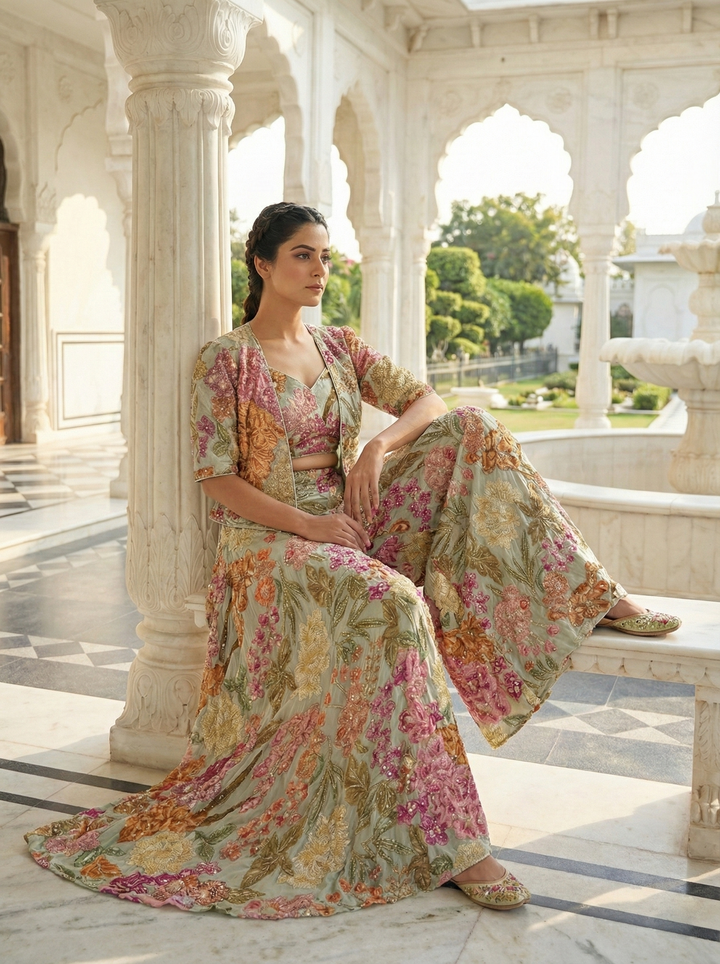 Cream Banarasi Heavy Stone Work Three Piece Set