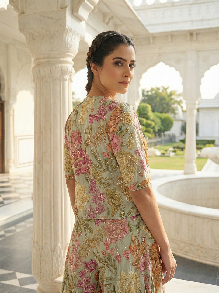 Cream Banarasi Heavy Stone Work Three Piece Set