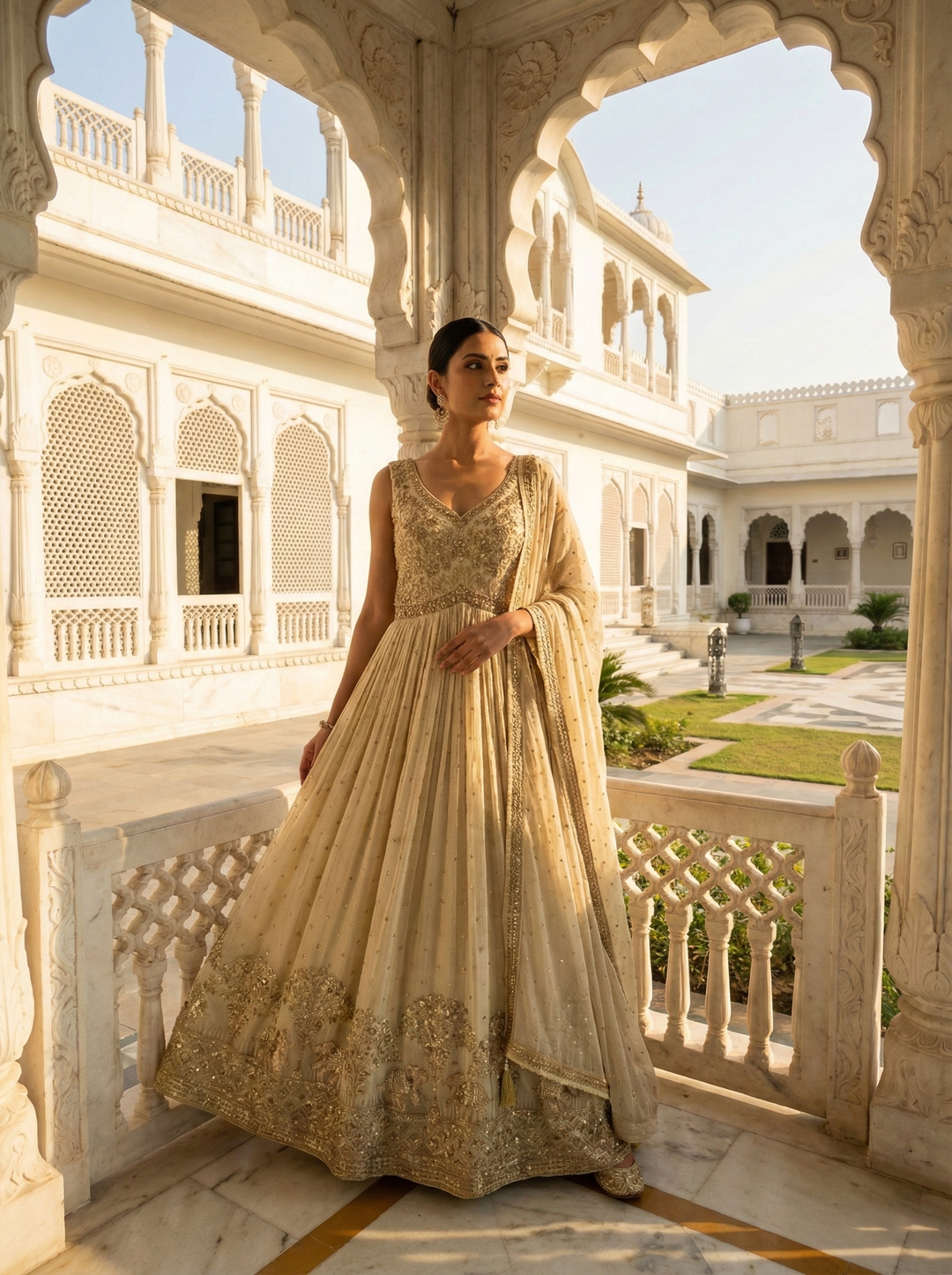 Neerus Beige Ethnic Embroidered Tissue Anarkali Suit Set - Anarkali + Dupatta for Wedding Women Neerus India Neerus Beige Ethnic Embroidered Tissue Anarkali Suit Set - Anarkali + Dupatta for Wedding Women Neerus India