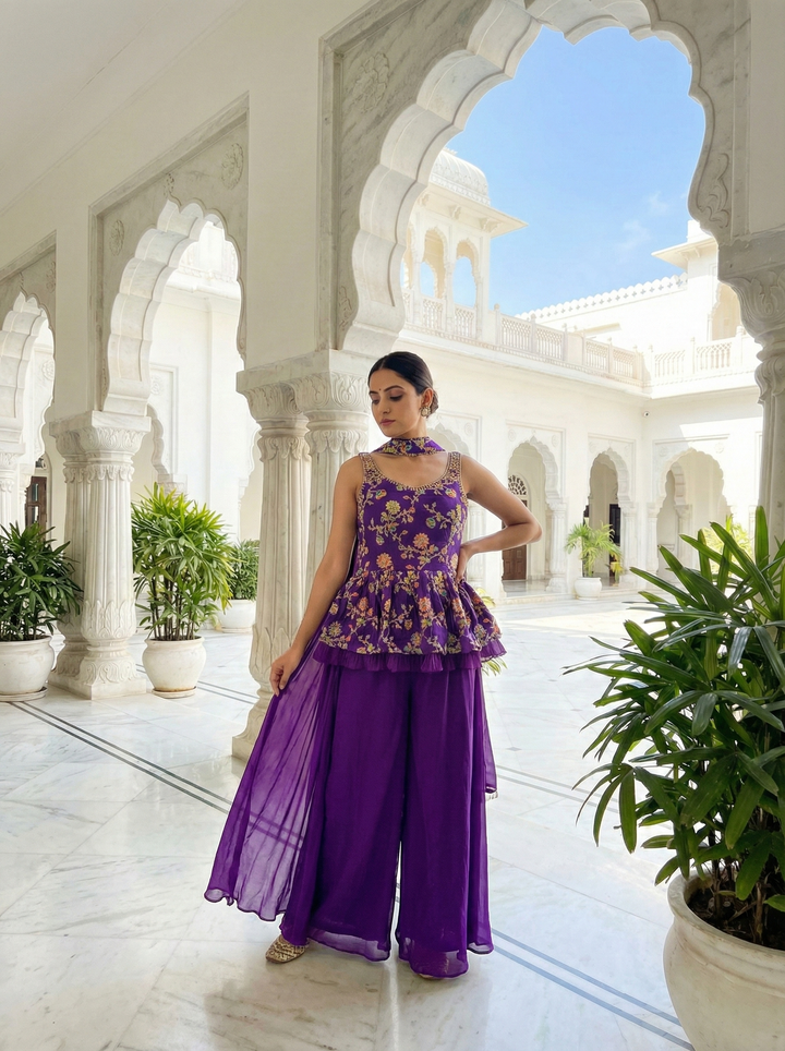 Purple Georgette Floral Embroidered Kurti And Palazoo Set