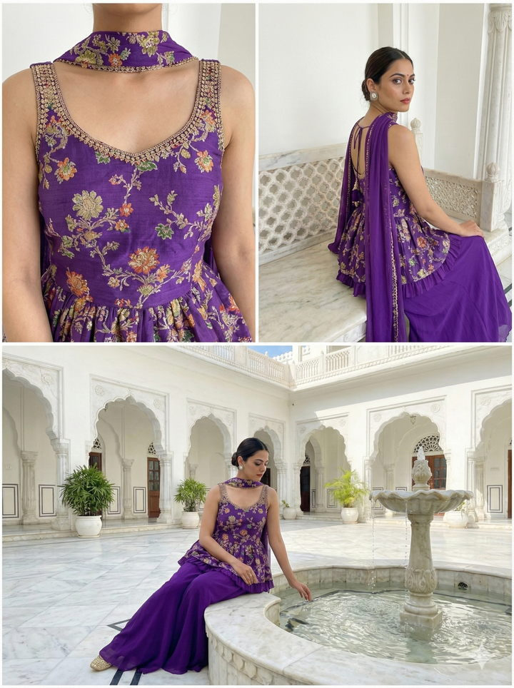 Purple Georgette Floral Embroidered Kurti And Palazoo Set