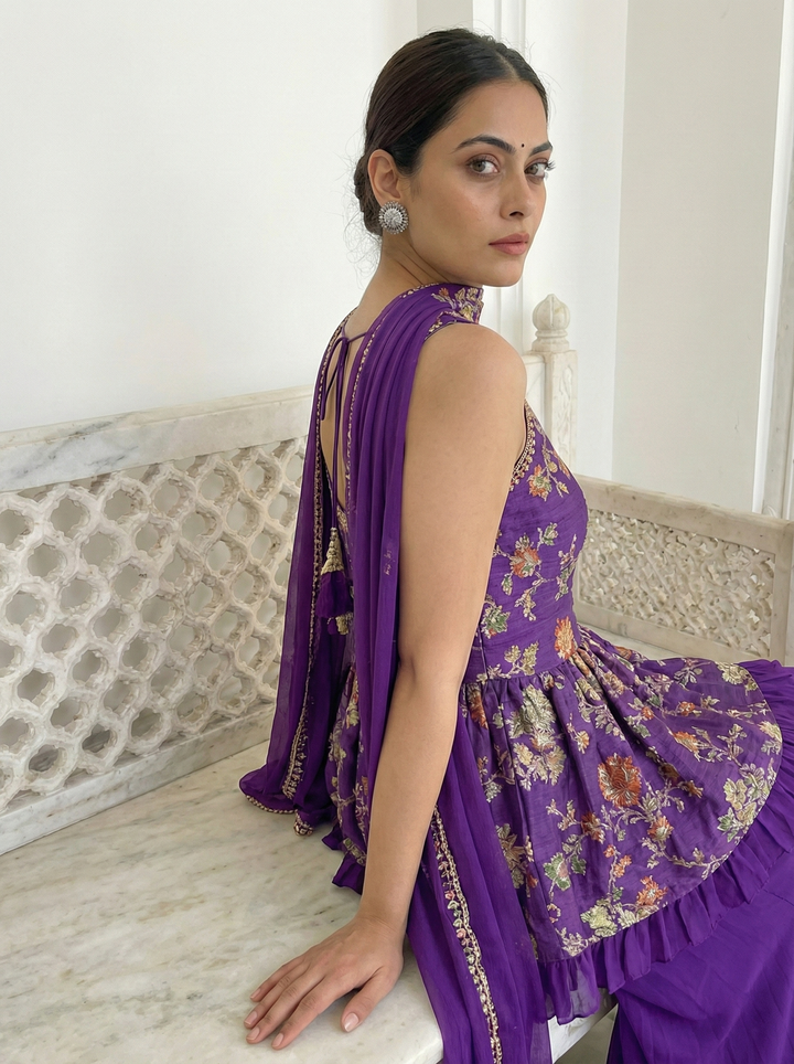 Purple Georgette Floral Embroidered Kurti And Palazoo Set