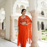 Orange Crepe Hand Embroidered Blouse With Dhoti