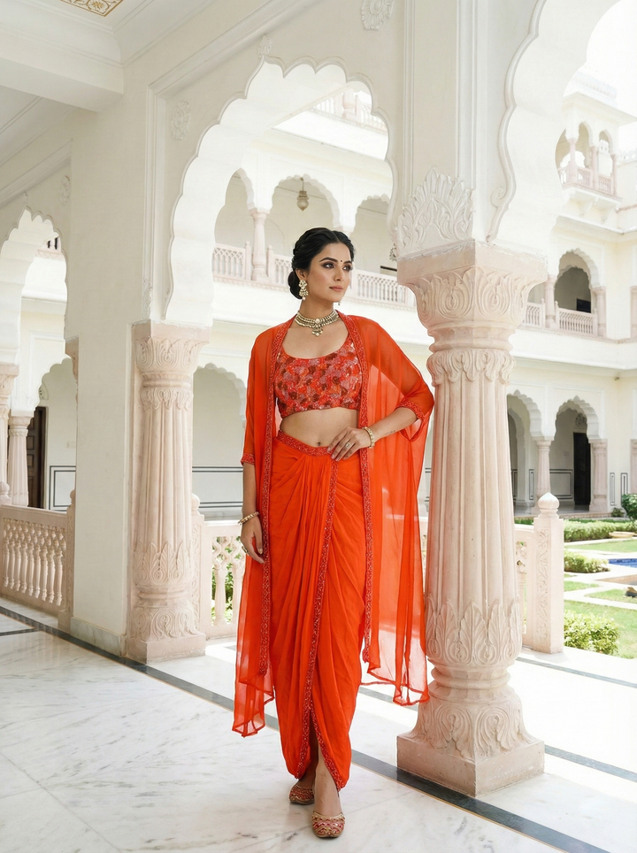 Orange Crepe Hand Embroidered Blouse With Dhoti