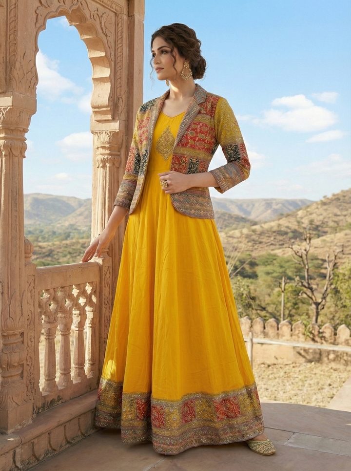 Yellow Georgette Embroidered Jacket Anarkali Set