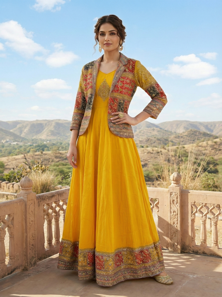 Yellow Georgette Embroidered Jacket Anarkali Set