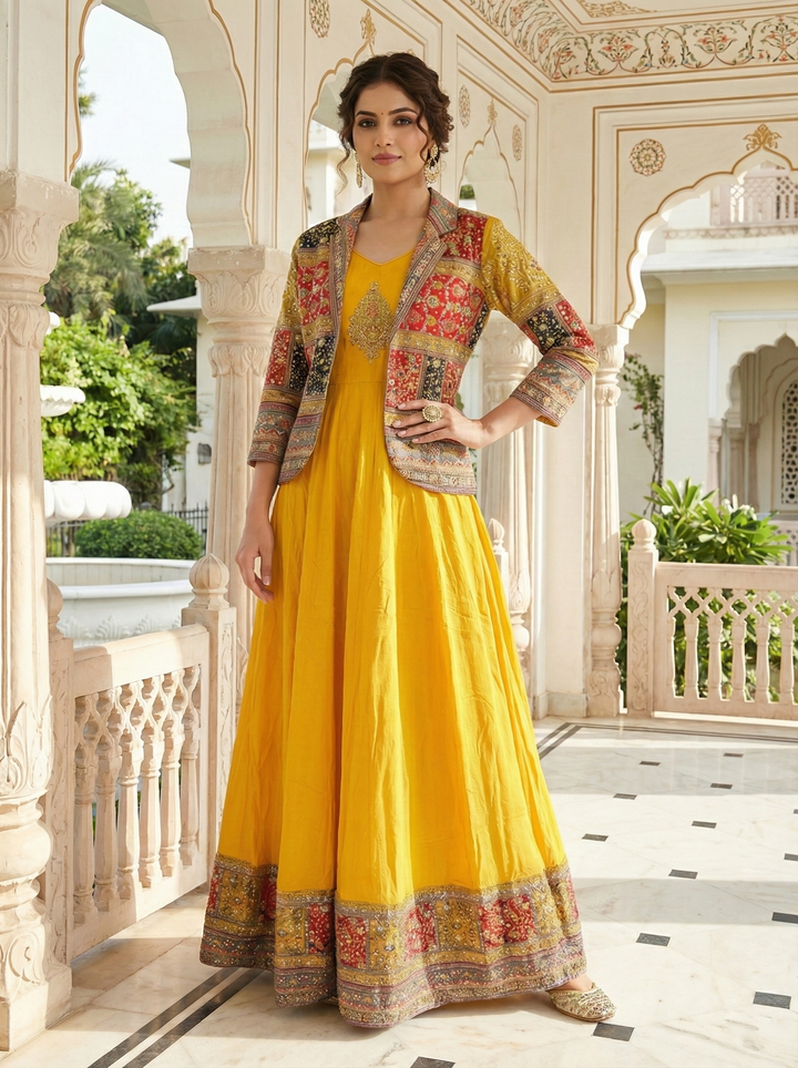 Yellow Georgette Embroidered Jacket Anarkali Set