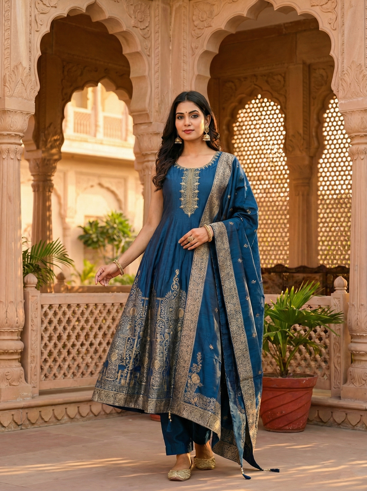 Peacock Silk Digital Print Suit Set