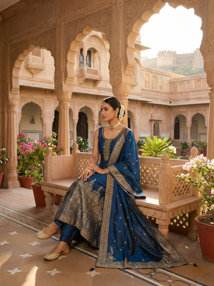 Peacock Silk Digital Print Suit Set