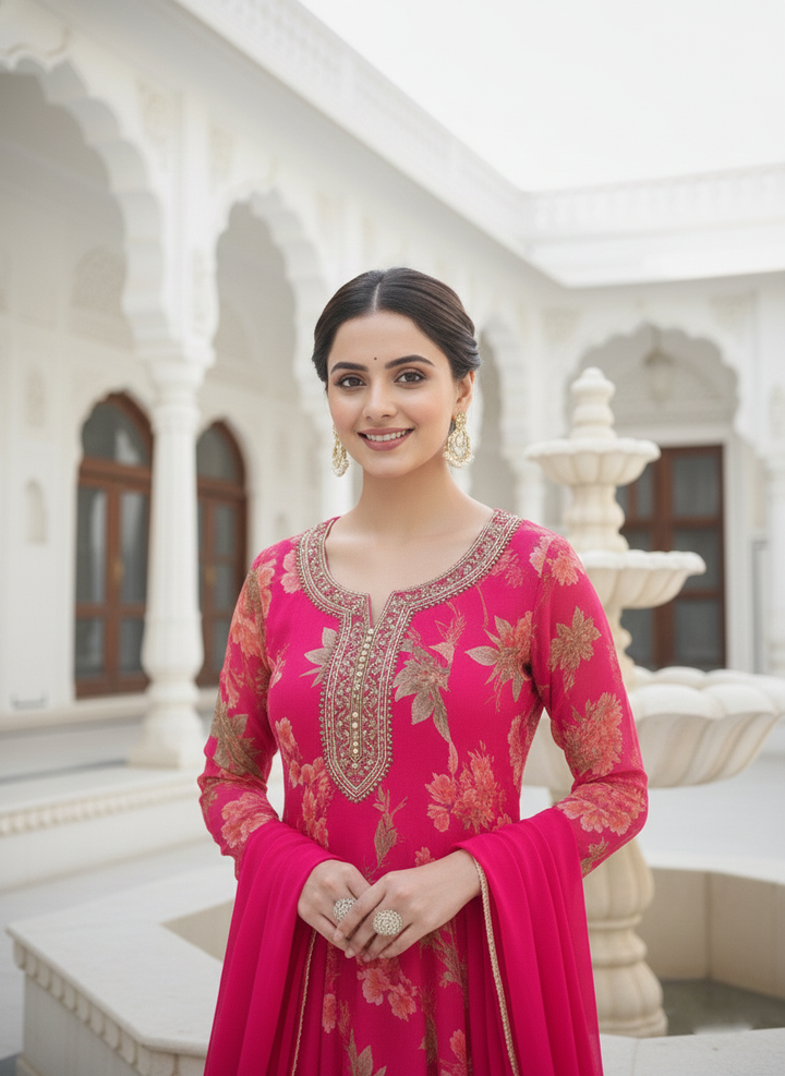 Rani Pink Tissue Floral Digital Printed Three Piece Suit Set