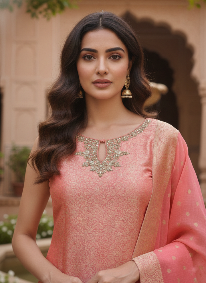 Peach Banaras Embroidery Suit Set