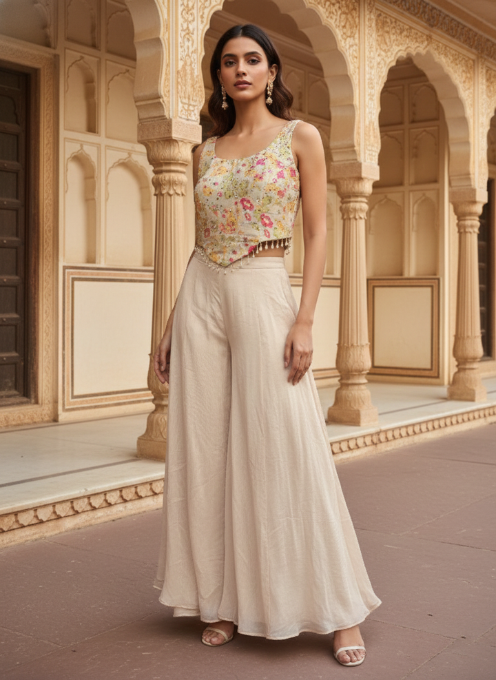 Beige Tissue Floral And Sequins Crop Top And Palazzo Set
