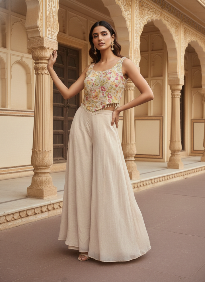 Beige Tissue Floral And Sequins Crop Top And Palazzo Set