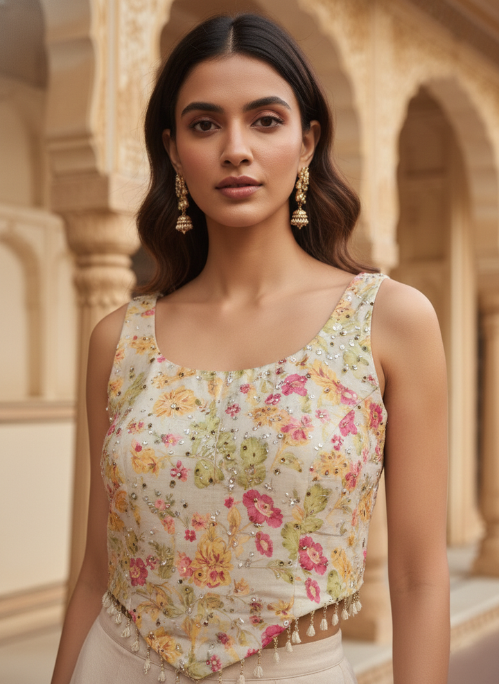 Beige Tissue Floral And Sequins Crop Top And Palazzo Set
