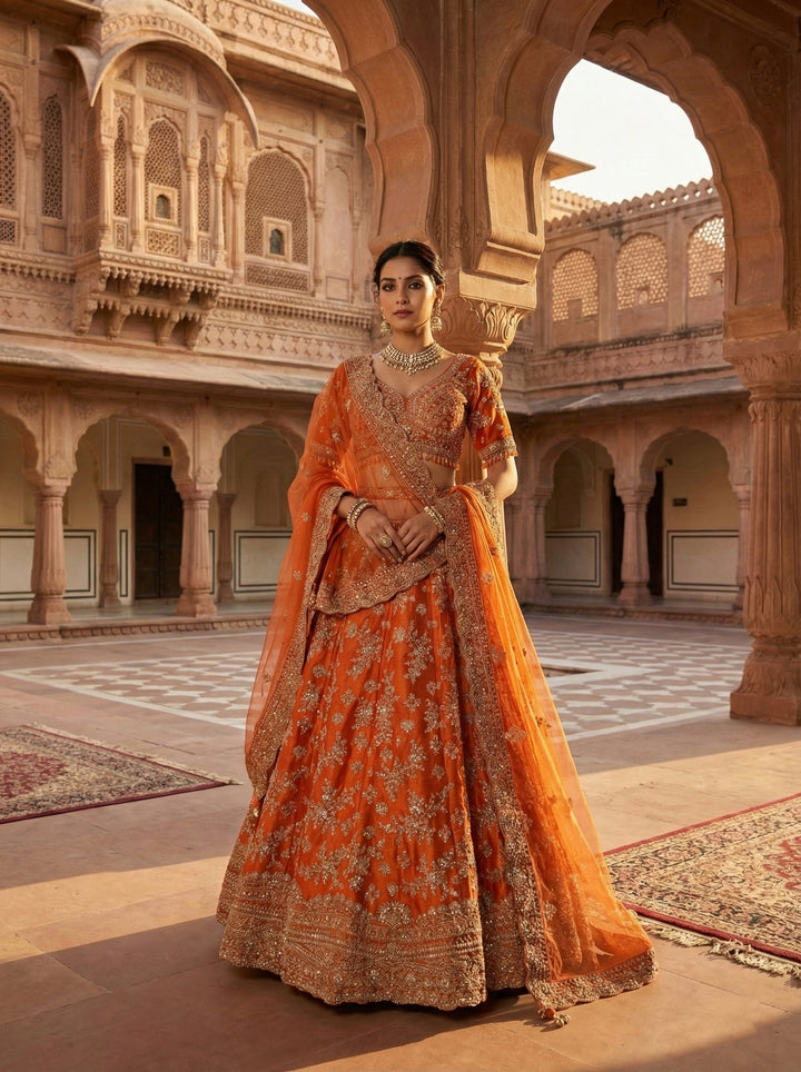 Orange Silk Heavy Zari Embroidery Ghagra Set