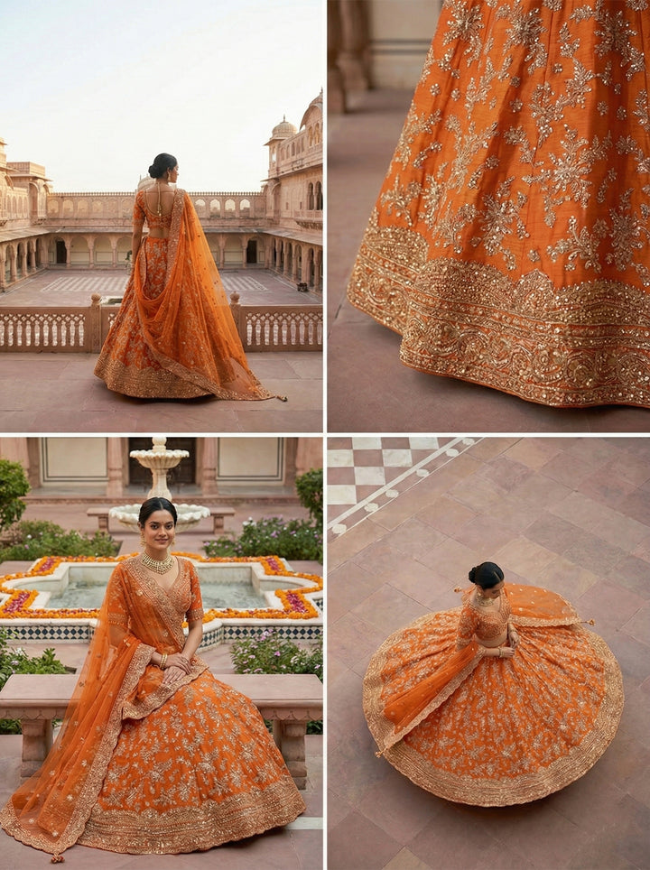 Orange Silk Heavy Zari Embroidery Ghagra Set
