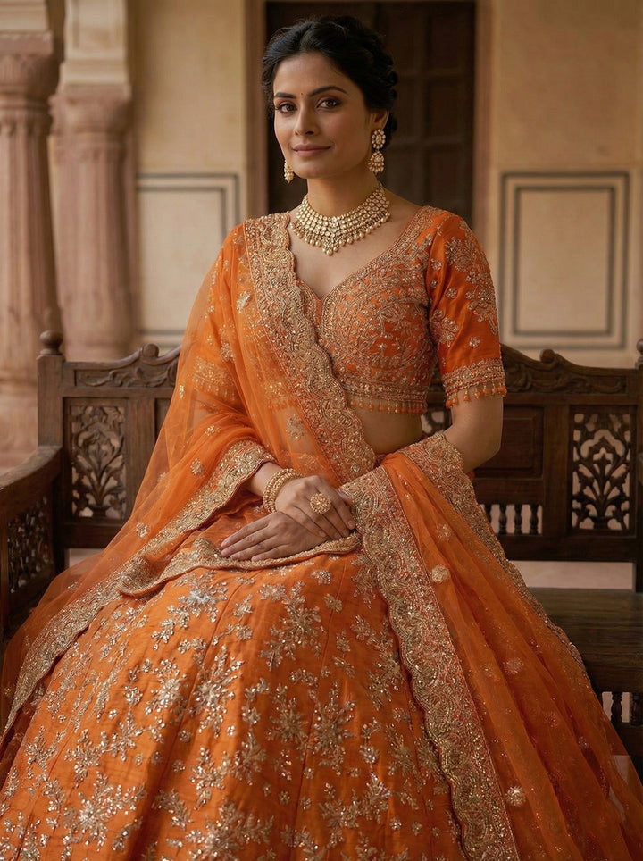 Orange Silk Heavy Zari Embroidery Ghagra Set