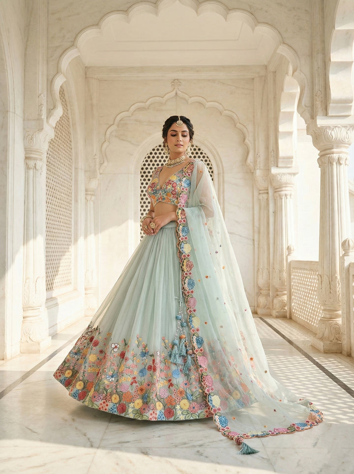 Sea Green Organza Floral Hand Embroidered Ghagra Set