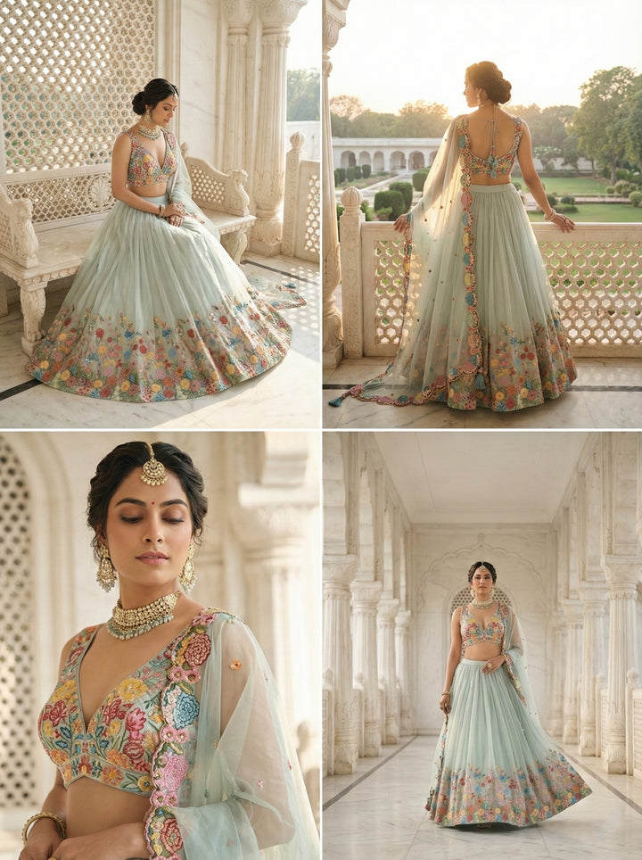 Sea Green Organza Floral Hand Embroidered Ghagra Set