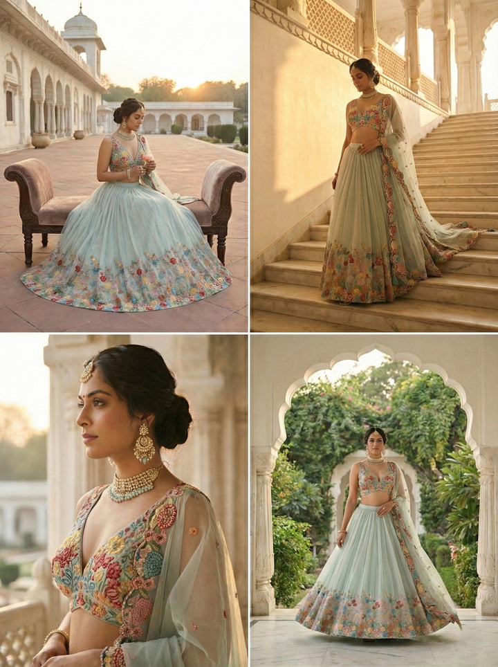 Sea Green Organza Floral Hand Embroidered Ghagra Set