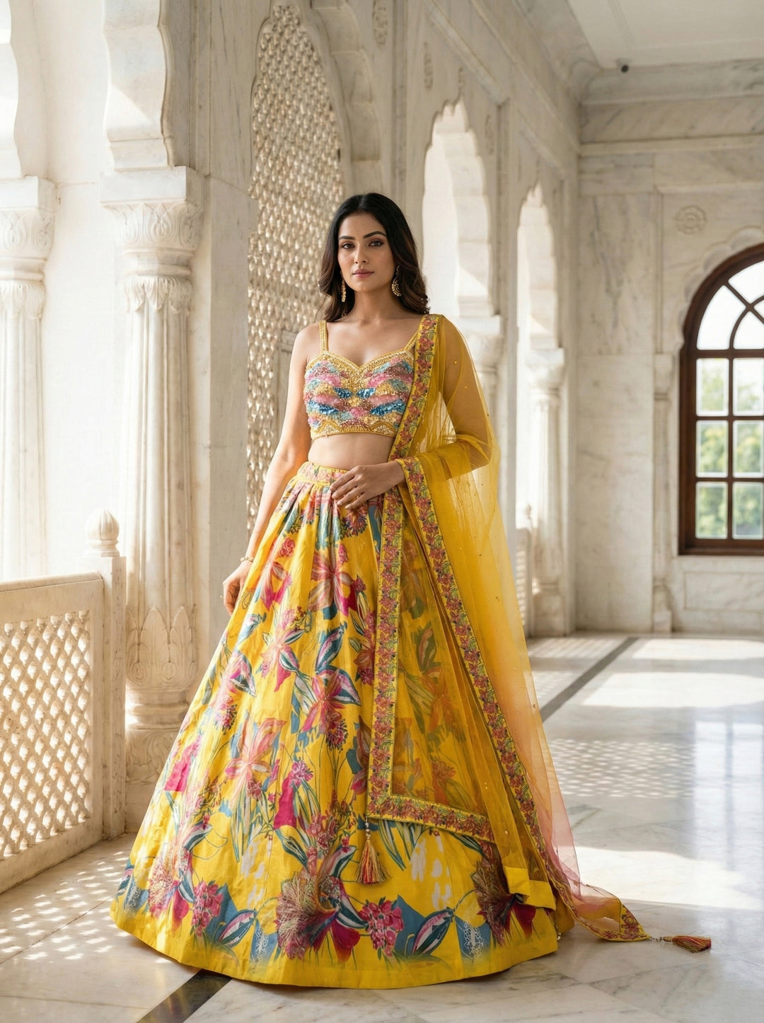 Neerus Yellow Floral Printed Silk Flared Lehenga