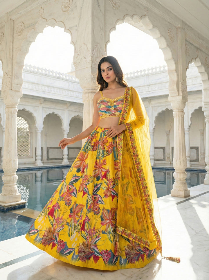 Yellow Silk Floral Printed Ghagra Set