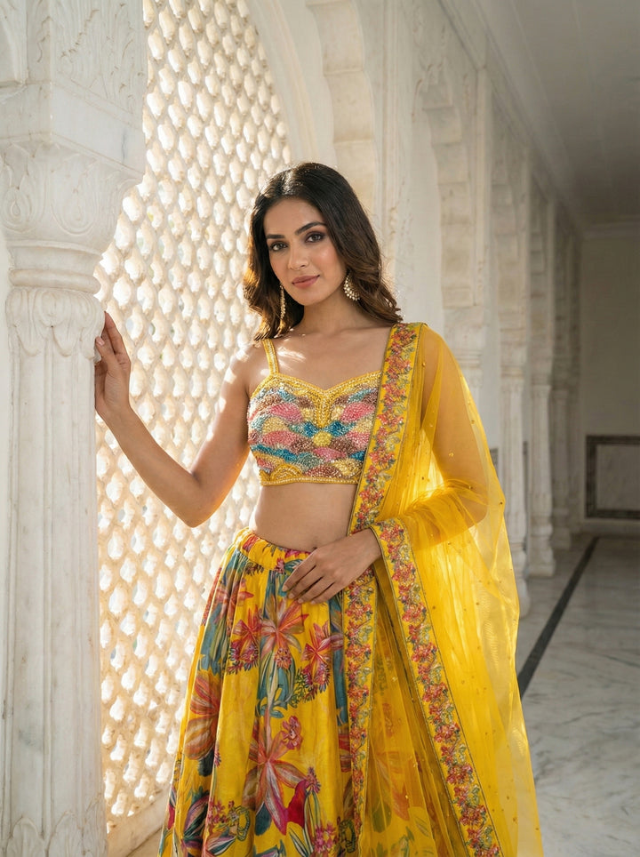 Yellow Silk Floral Printed Ghagra Set