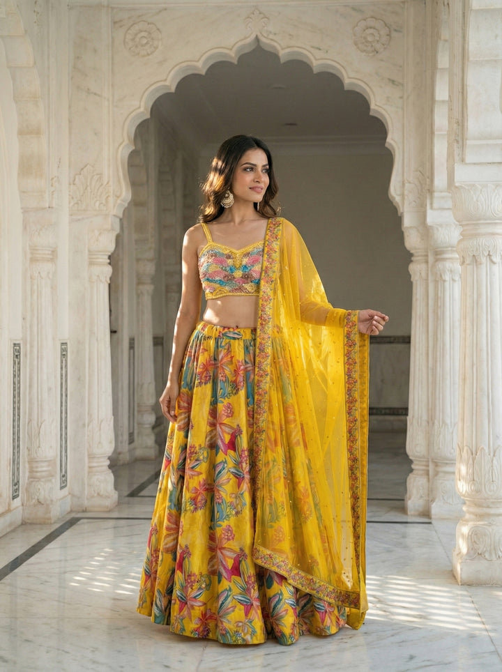 Yellow Silk Floral Printed Ghagra Set
