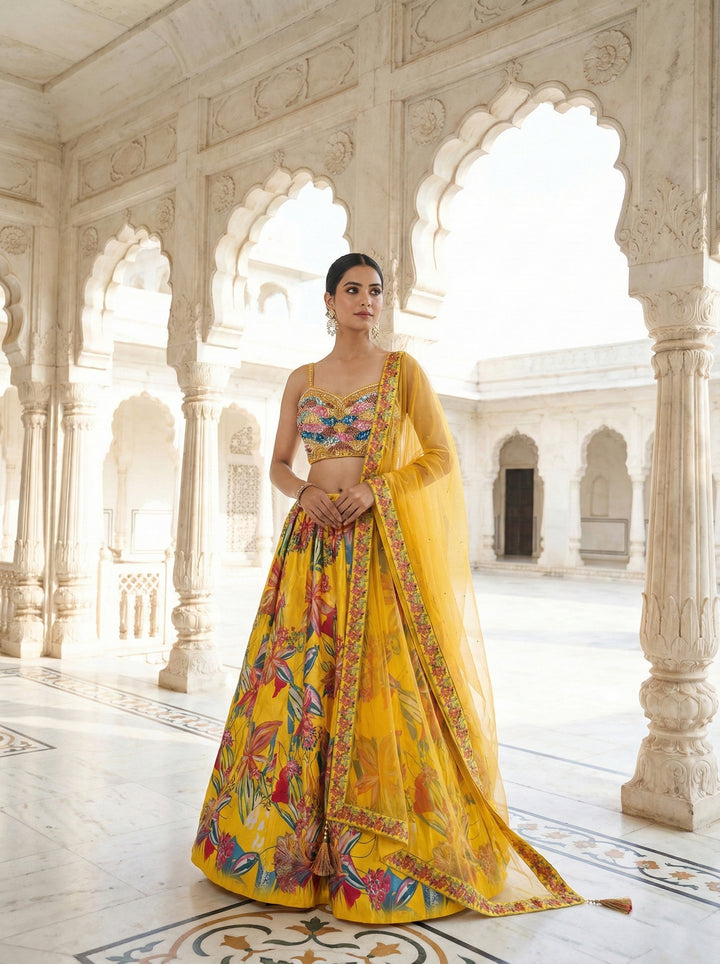 Yellow Silk Floral Printed Ghagra Set