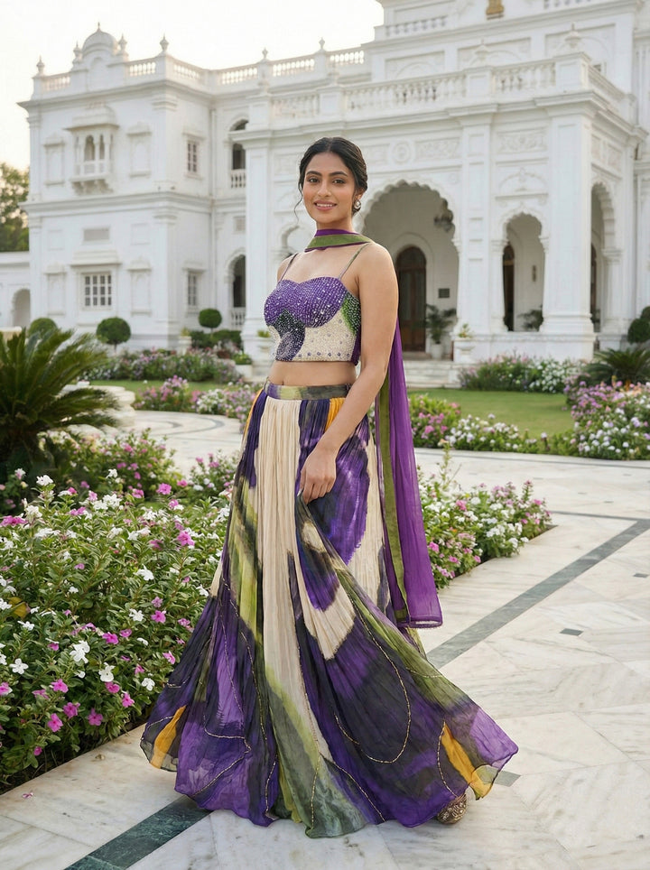 Purple Chinon With Beads And Stones Ghagra Set