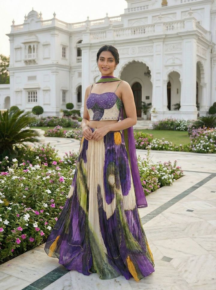 Purple Chinon With Beads And Stones Ghagra Set