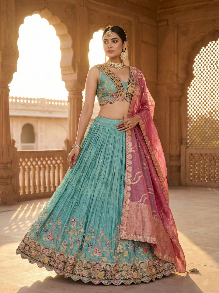 Sea Green Tissue Embroidery Ghagra Set