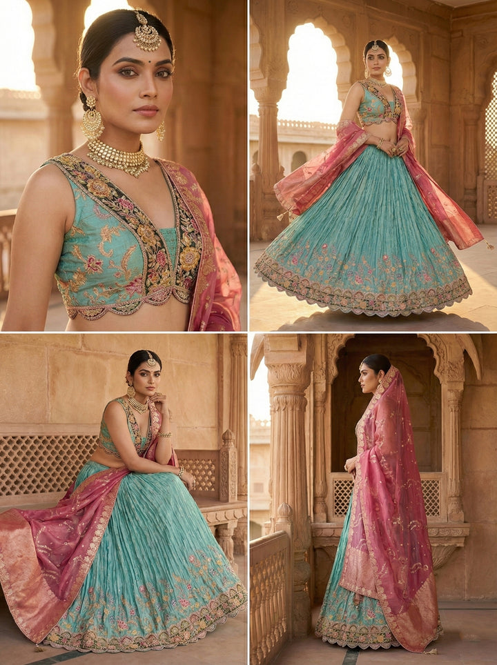 Sea Green Tissue Embroidery Ghagra Set