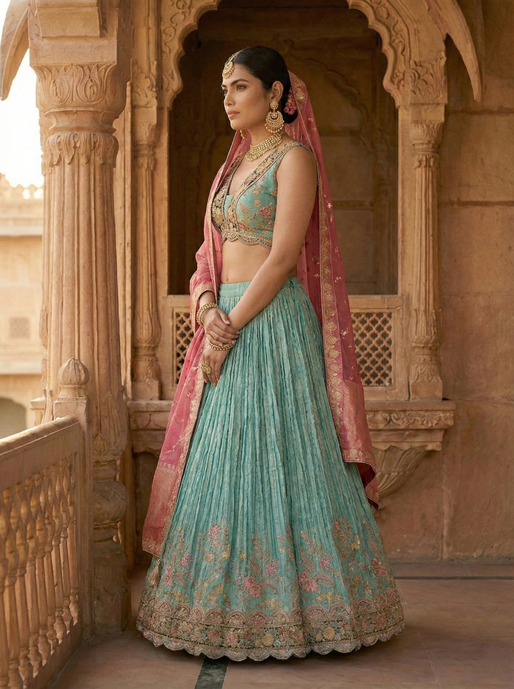 Sea Green Tissue Embroidery Ghagra Set
