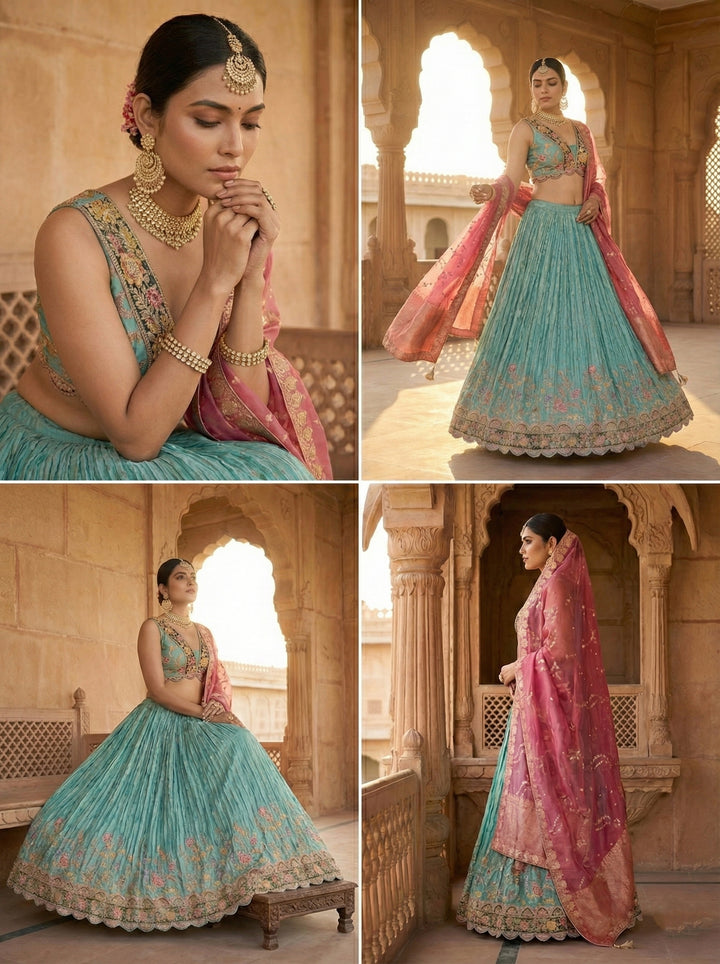 Sea Green Tissue Embroidery Ghagra Set