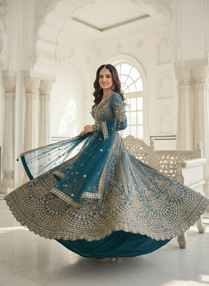 Peacock Net Heavy Hand Embroidered Ghagra Set